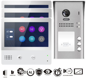 Preview: 3 Familien Video Sprechanlage ZD471 Touchscreen mit DT607/ID/FE-S3 Aufputz RFID 170° Fischaugenkamera Aluminium